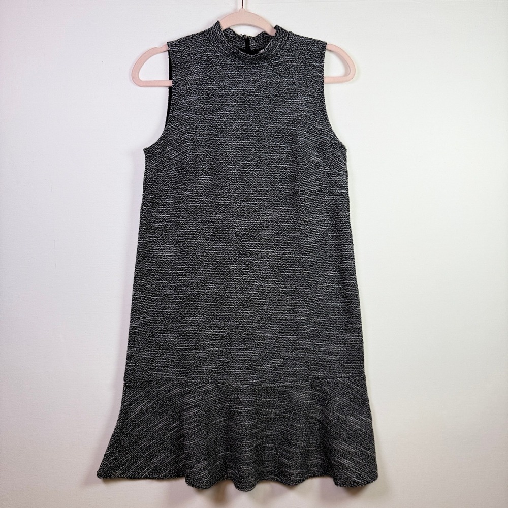 LOFT Black White Textured Mock Neck Flounce Hem Shift Dress 2‎